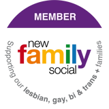 New Family Social Member logo - strapline reads Supporting lesbian, gay, bi & trans and families